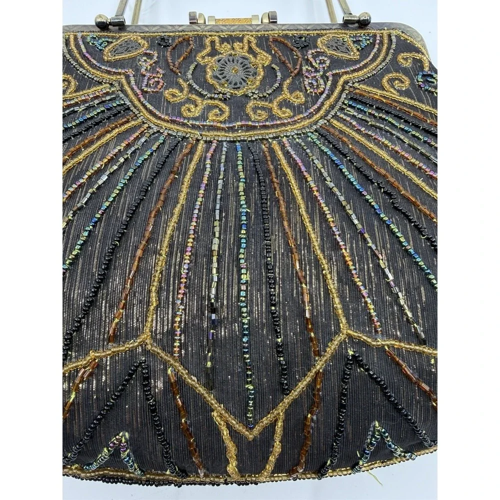 Antique Art Deco Beaded Evening Purse Handbag Iridescent Glass Beads Vintage